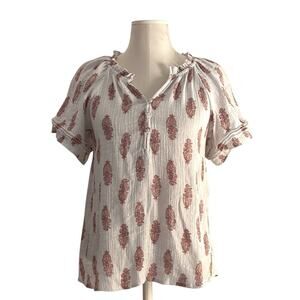 Wanderly Boho Peasant Top, Ruffled Neckline Fancy-Edged Sleeve | Size S